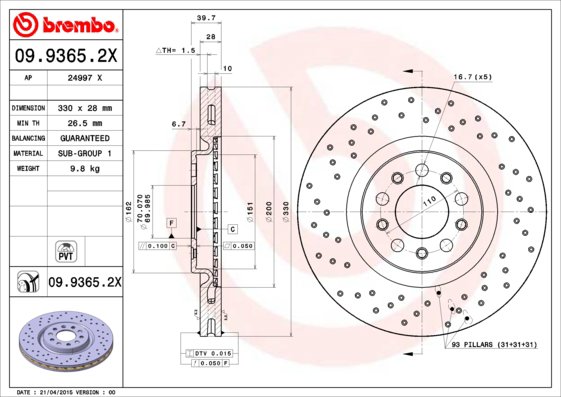 BREMBO brzdový kotúč 09.9365.2X, súprava 2 ks