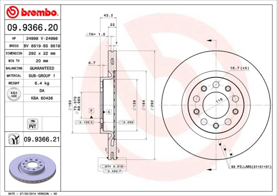 BREMBO brzdový kotúč 09.9366.21, súprava 2 ks
