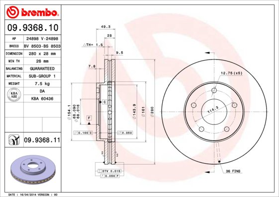 BREMBO brzdový kotúč 09.9368.11, súprava 2 ks