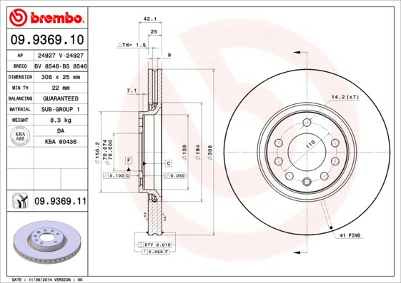BREMBO brzdový kotúč 09.9369.11, súprava 2 ks