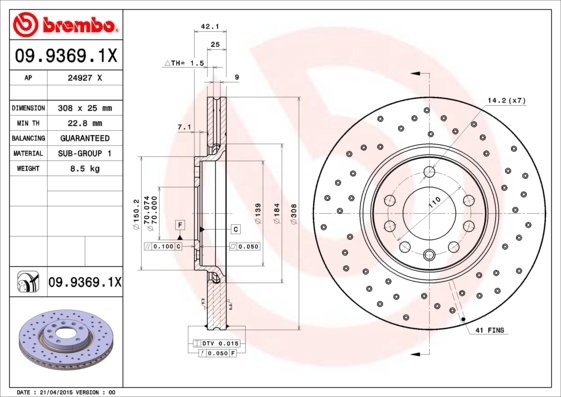 BREMBO brzdový kotúč 09.9369.1X, súprava 2 ks