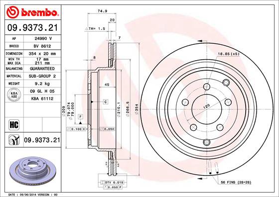 BREMBO brzdový kotúč 09.9373.21, súprava 2 ks