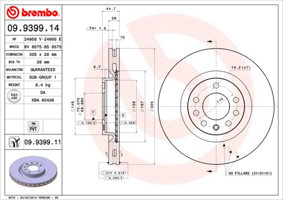 BREMBO brzdový kotúč 09.9399.11, súprava 2 ks