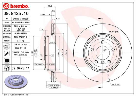 BREMBO brzdový kotúč 09.9425.11, súprava 2 ks