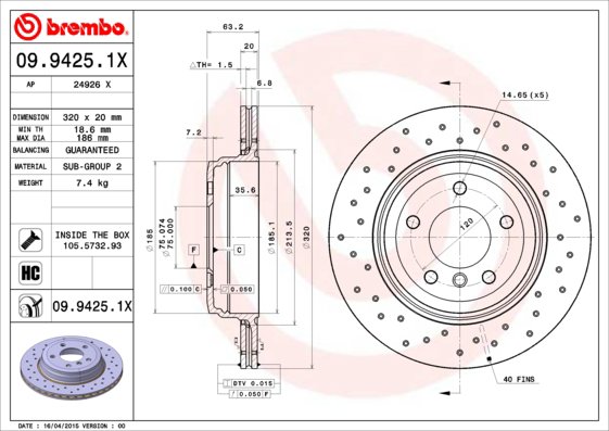 BREMBO brzdový kotúč 09.9425.1X, súprava 2 ks