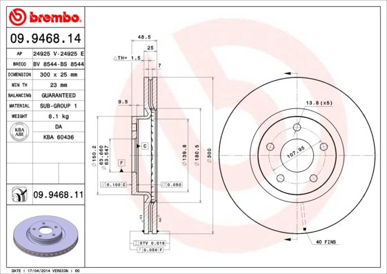 BREMBO brzdový kotúč 09.9468.11, súprava 2 ks