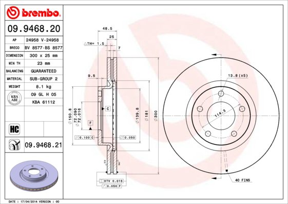 BREMBO brzdový kotúč 09.9468.21, súprava 2 ks