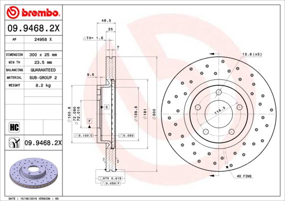 BREMBO brzdový kotúč 09.9468.2X, súprava 2 ks