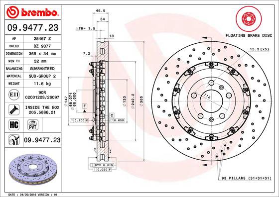 BREMBO brzdový kotúč 09.9477.23, súprava 2 ks