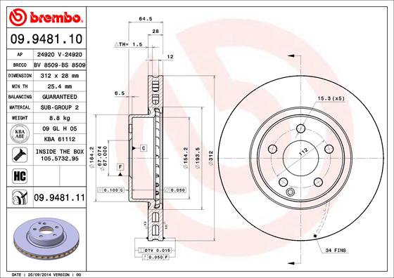 BREMBO brzdový kotúč 09.9481.11, súprava 2 ks