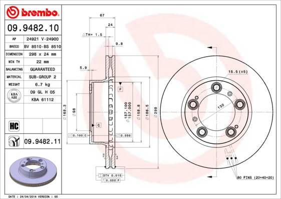 BREMBO brzdový kotúč 09.9482.11, súprava 2 ks