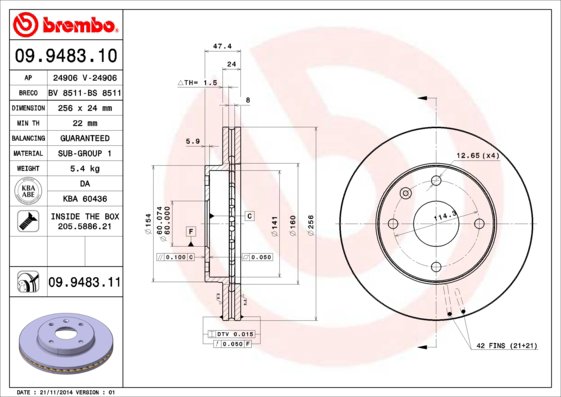 BREMBO brzdový kotúč 09.9483.11, súprava 2 ks
