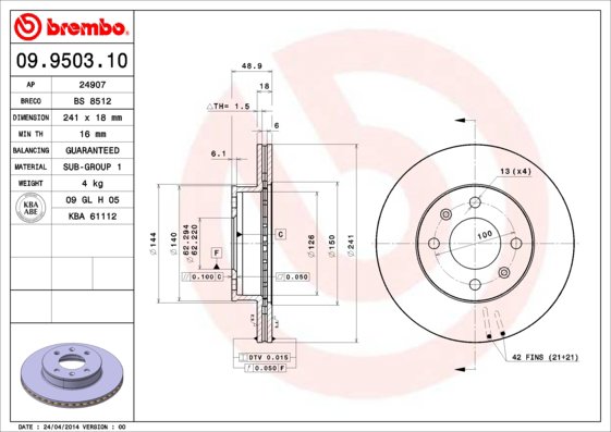 BREMBO brzdový kotúč 09.9503.10, súprava 2 ks