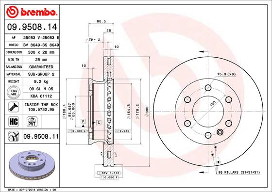 BREMBO brzdový kotúč 09.9508.11, súprava 2 ks