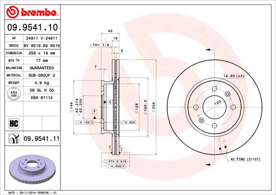 BREMBO brzdový kotúč 09.9541.11, súprava 2 ks