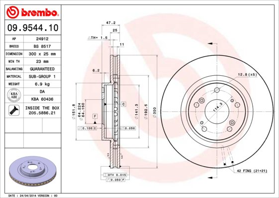BREMBO brzdový kotúč 09.9544.11, súprava 2 ks