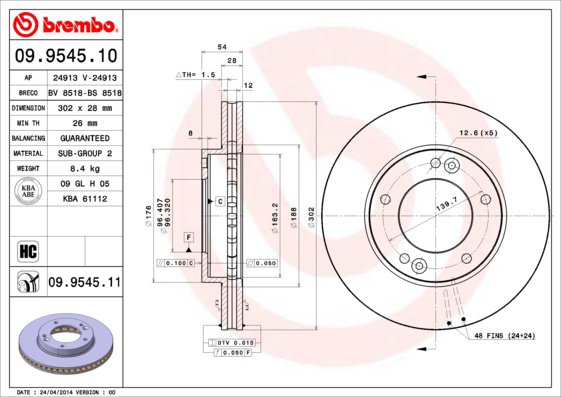 BREMBO brzdový kotúč 09.9545.11, súprava 2 ks