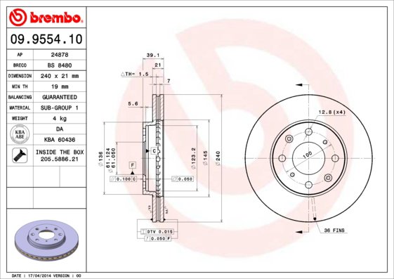 BREMBO brzdový kotúč 09.9554.10, súprava 2 ks
