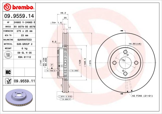 BREMBO brzdový kotúč 09.9559.11, súprava 2 ks