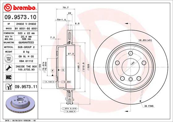 BREMBO brzdový kotúč 09.9573.11, súprava 2 ks