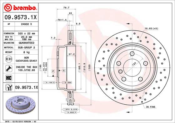 BREMBO brzdový kotúč 09.9573.1X, súprava 2 ks