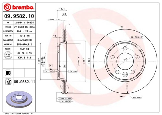 BREMBO brzdový kotúč 09.9582.11, súprava 2 ks