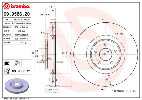 BREMBO brzdový kotúč 09.9586.21, súprava 2 ks