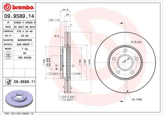 BREMBO brzdový kotúč 09.9589.11, súprava 2 ks