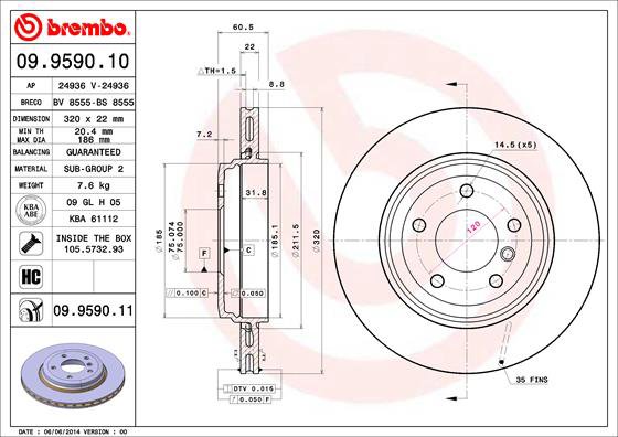 BREMBO brzdový kotúč 09.9590.11, súprava 2 ks