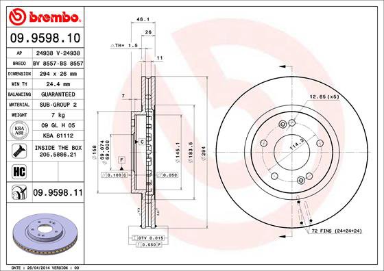 BREMBO brzdový kotúč 09.9598.11, súprava 2 ks