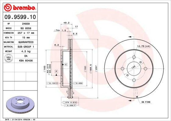 BREMBO brzdový kotúč 09.9599.10, súprava 2 ks