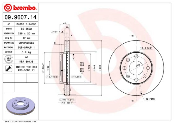 BREMBO brzdový kotúč 09.9607.14, súprava 2 ks