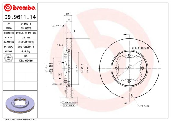 BREMBO brzdový kotúč 09.9611.14, súprava 2 ks