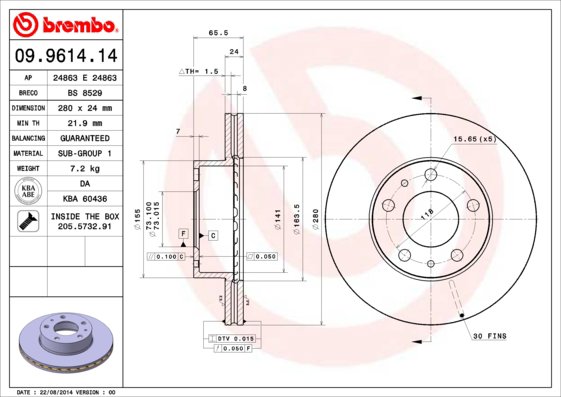 BREMBO brzdový kotúč 09.9614.14, súprava 2 ks