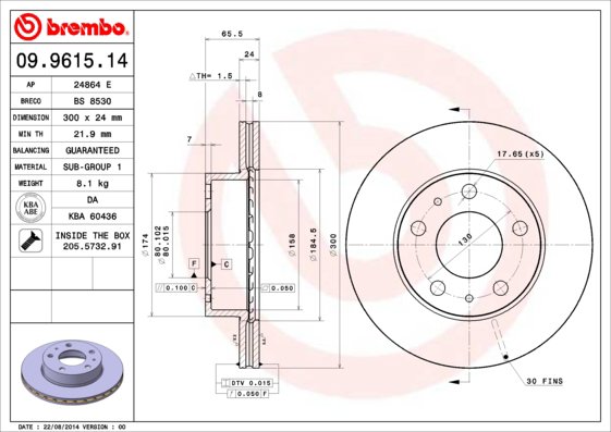 BREMBO brzdový kotúč 09.9615.14, súprava 2 ks