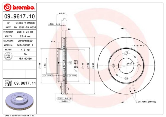 BREMBO brzdový kotúč 09.9617.11, súprava 2 ks