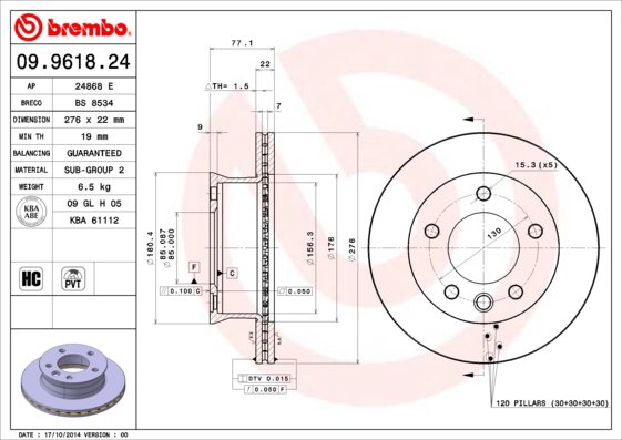BREMBO brzdový kotúč 09.9618.24, súprava 2 ks