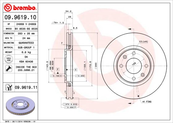 BREMBO brzdový kotúč 09.9619.11, súprava 2 ks