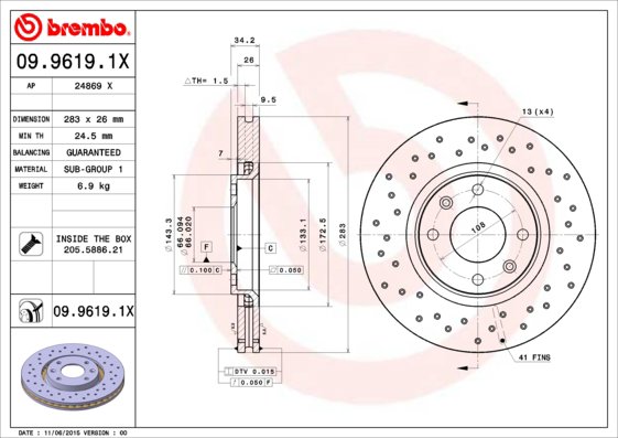 BREMBO brzdový kotúč 09.9619.1X, súprava 2 ks