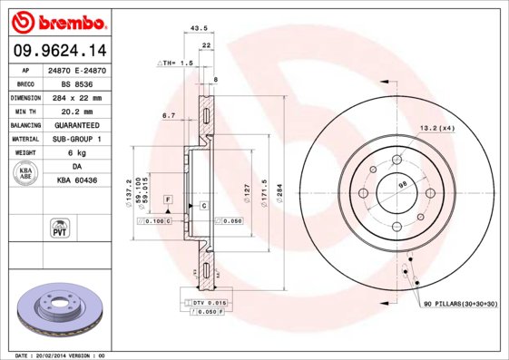 BREMBO brzdový kotúč 09.9624.14, súprava 2 ks