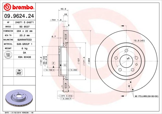 BREMBO brzdový kotúč 09.9624.24, súprava 2 ks