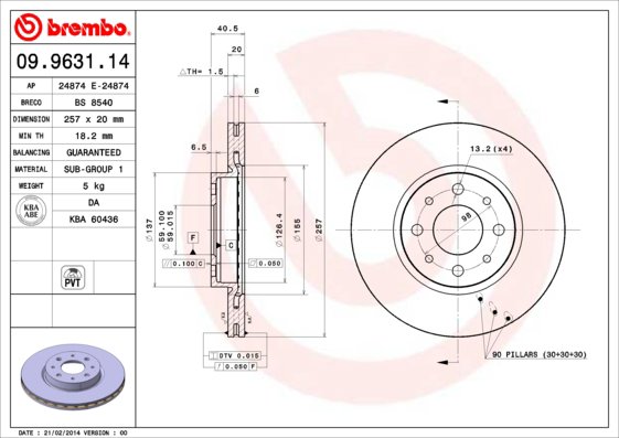 BREMBO brzdový kotúč 09.9631.14, súprava 2 ks