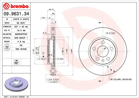 BREMBO brzdový kotúč 09.9631.34, súprava 2 ks