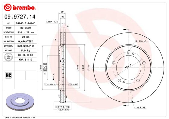 BREMBO brzdový kotúč 09.9727.14, súprava 2 ks