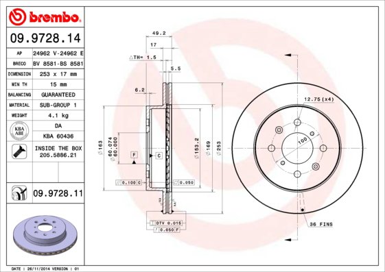BREMBO brzdový kotúč 09.9728.11, súprava 2 ks