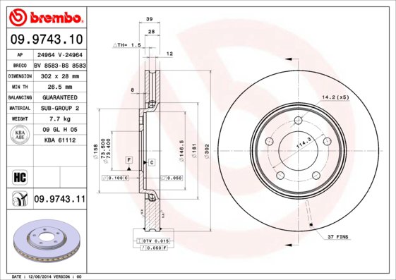 BREMBO brzdový kotúč 09.9743.11, súprava 2 ks