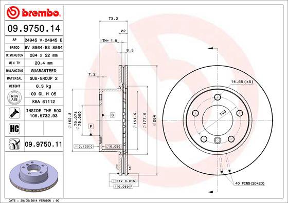 BREMBO brzdový kotúč 09.9750.11, súprava 2 ks