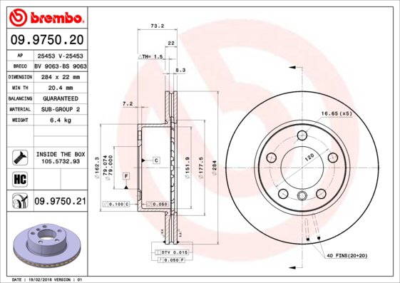 BREMBO brzdový kotúč 09.9750.21, súprava 2 ks