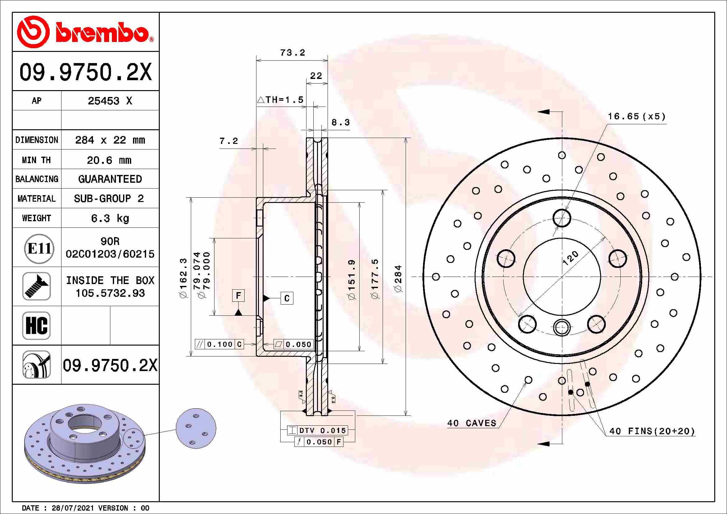 BREMBO brzdový kotúč 09.9750.2X, súprava 2 ks