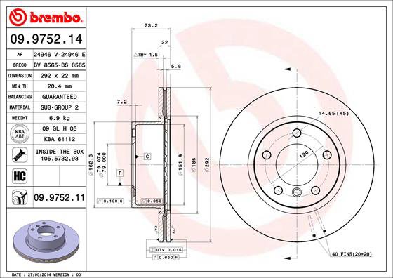 BREMBO brzdový kotúč 09.9752.11, súprava 2 ks
